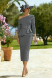 Sky Blue One Shoulder Bodycon Midi Mother of the Bride Dress with Belt