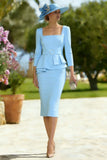 Sky Blue Square Neck Bodycon Midi Mother of the Bride Dress with Belt