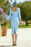 Sky Blue Square Neck Bodycon Midi Mother of the Bride Dress with Belt