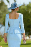Sky Blue Square Neck Bodycon Midi Mother of the Bride Dress with Belt