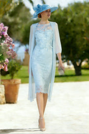 Floral 2 Piece Light Blue Lace Bodycon Midi Mother of the Bride Dress