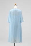 Floral 2 Piece Light Blue Lace Bodycon Midi Mother of the Bride Dress