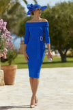 Royal Blue Bodycon Pleated Midi Mother of the Bride Dress with Belt