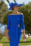Royal Blue Bodycon Pleated Midi Mother of the Bride Dress with Belt