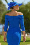 Royal Blue Bodycon Pleated Midi Mother of the Bride Dress with Belt