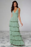 Light Green Ruffled Chiffon V-Neck Tiered Long Bridesmaid Dress