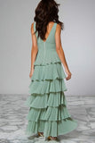 Light Green Ruffled Chiffon V-Neck Tiered Long Bridesmaid Dress