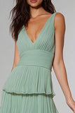 Light Green Ruffled Chiffon V-Neck Tiered Long Bridesmaid Dress