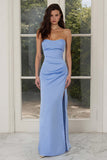 Blue Strapless Ruched Sheath Maxi Bridesmaid Dress with Slit