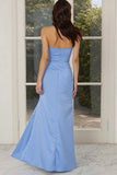 Blue Strapless Ruched Sheath Maxi Bridesmaid Dress with Slit