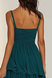 Dark Green Tiered Spaghetti Straps Ruffled Long Bridesmaid Dress