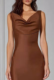 Brown Sleeveless Cowl Neck Mermaid Maxi Bridesmaid Dress