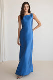 Royal Blue Sheath Backless Boat Neck Long Bridesmaid Dress