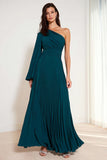 Peacock Green Pleated One Shoulder Long Bridesmaid Dress with Sleeves