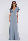 Dusty Blue Sheath V-Neck Backless Long Bridesmaid Dress with Sleeves