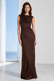 Coffee Satin Sheath Bateau Neck Long Bridesmaid Dress