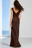 Coffee Satin Sheath Bateau Neck Long Bridesmaid Dress