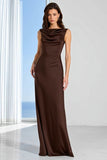 Coffee Satin Sheath Bateau Neck Long Bridesmaid Dress