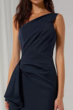 Navy One Shoulder Sheath Long Bridesmaid Dress with Drape