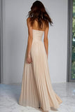 Champagne Pleated Sheath Strapless Long Bridesmaid Dress