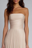 Champagne Pleated Sheath Strapless Long Bridesmaid Dress