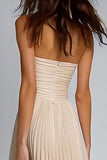 Champagne Pleated Sheath Strapless Long Bridesmaid Dress
