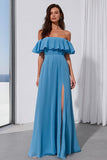 Blue Off the Shoulder A Line Maxi Bridesmaid Dress with Slit