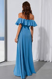 Blue Off the Shoulder A Line Maxi Bridesmaid Dress with Slit