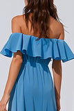 Blue Off the Shoulder A Line Maxi Bridesmaid Dress with Slit