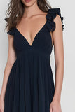 Navy Ruffled V-Neck A Line Backless Long Bridesmaid Dress