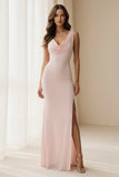 Light Pink Sheath Cowl Neck Backless Long Bridesmaid Dress with Slit