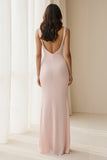 Light Pink Sheath Cowl Neck Backless Long Bridesmaid Dress with Slit