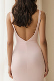 Light Pink Sheath Cowl Neck Backless Long Bridesmaid Dress with Slit