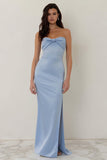 Sky Blue Strapless Sheath Backless Long Bridesmaid Dress with Bow