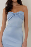 Sky Blue Strapless Sheath Backless Long Bridesmaid Dress with Bow