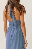 Dusty Blue Halter Neck Backless Sheath Long Bridesmaid Dress