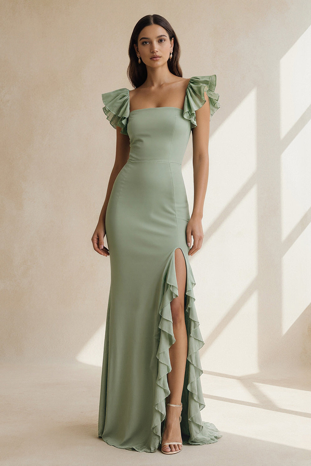 Leely Women Dusty Sage Sheath Long Bridesmaid Dress with Slit Ruffled