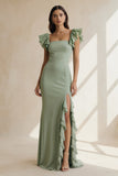 Dusty Sage Ruffled Square Neck Sheath Long Bridesmaid Dress with Slit