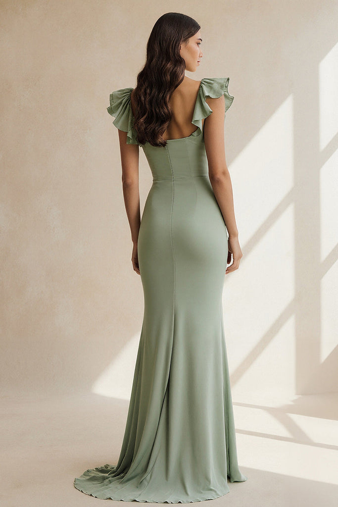 Leely Women Dusty Sage Sheath Long Bridesmaid Dress with Slit Ruffled