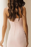 Light Pink Sheath Strapless Long Bridesmaid Dress with Ruffles