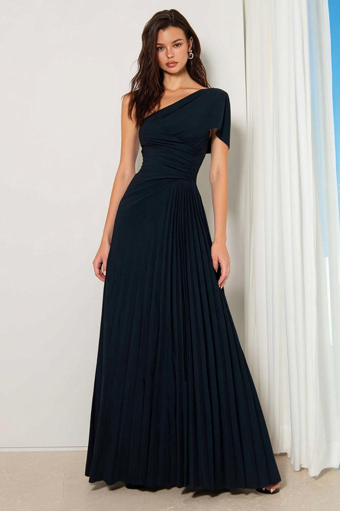 Leely Women Navy Pleated Long Bridesmaid Dress One Shoulder Backless A