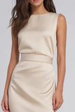 Champagne Bateau Neck Sheath Long Bridesmaid Dress with Slit