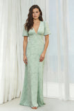 Floral Dusty Sage Sheath V-Neck Long Bridesmaid Dress with Sleeves