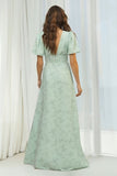 Floral Dusty Sage Sheath V-Neck Long Bridesmaid Dress with Sleeves