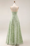 Floral Dusty Sage Strapless Sheath Long Bridesmaid Dress