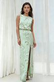 Floral Sage Sheath Backless Long Bridesmaid Dress with Slit