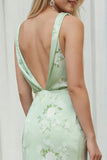 Floral Sage Sheath Backless Long Bridesmaid Dress with Slit