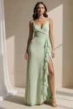 Light Green Ruffled Spaghetti Straps Long Bridesmaid Dress with Slit