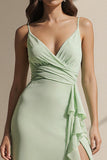 Light Green Ruffled Spaghetti Straps Long Bridesmaid Dress with Slit