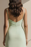 Light Green Ruffled Spaghetti Straps Long Bridesmaid Dress with Slit